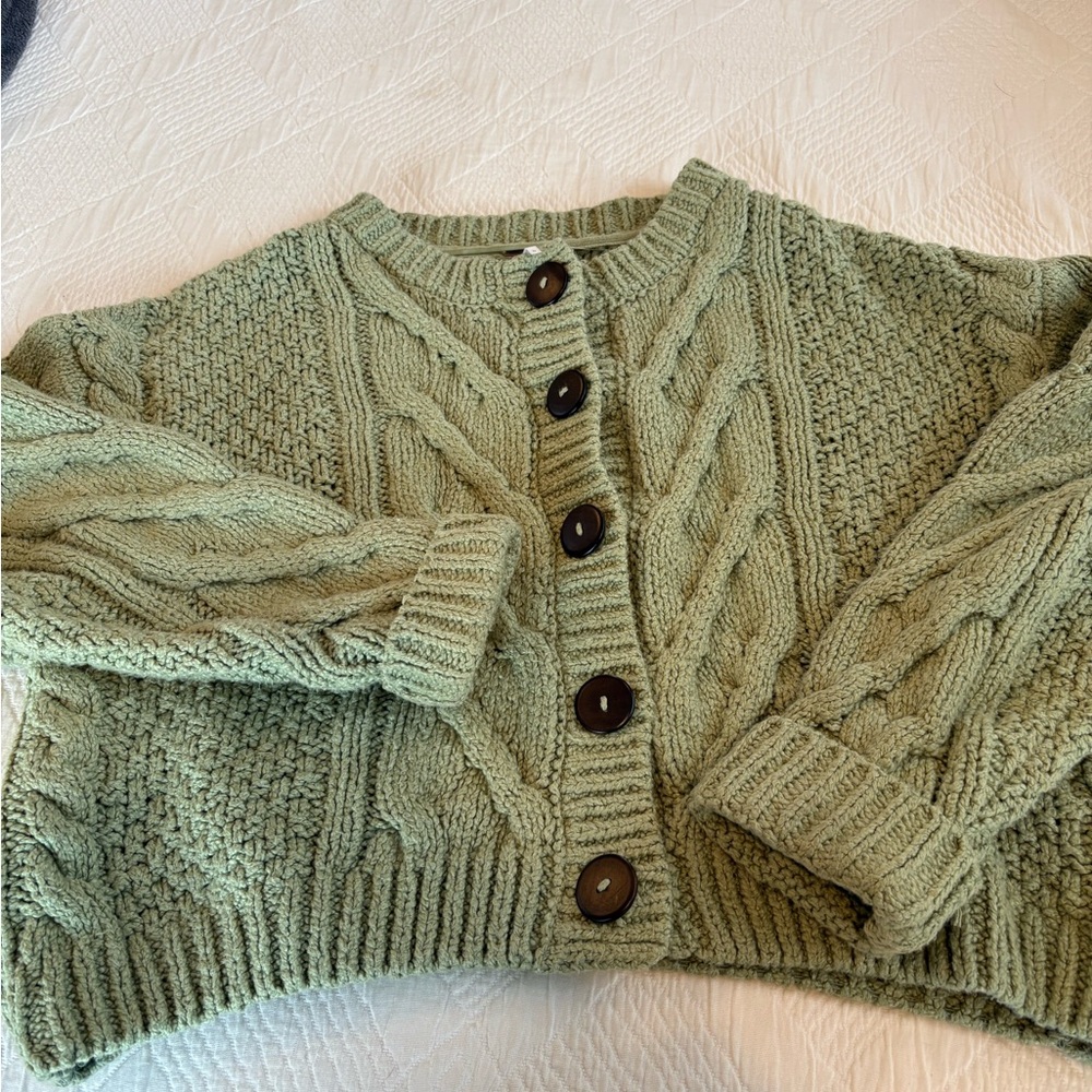 Free People Olive Cable Knit Cardigan